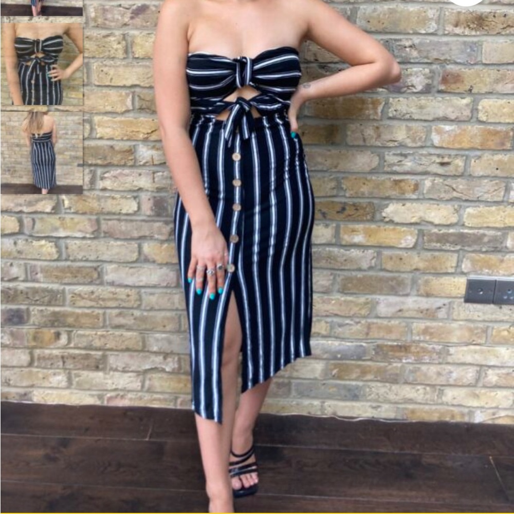 Missguided Stripe Bandeau Up Button Midi Dress